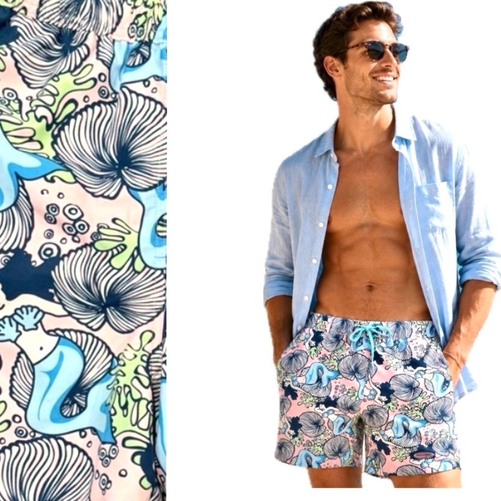 Vineyard Vines,  Men’s Swim Trunks Mermaid Shell Print Pink Blue, Size L